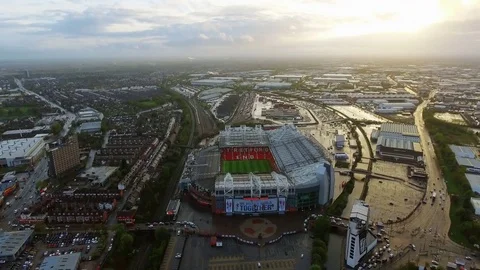 Aerial View of Iconic Manchester United Stadium Old Trafford Stock Footage
