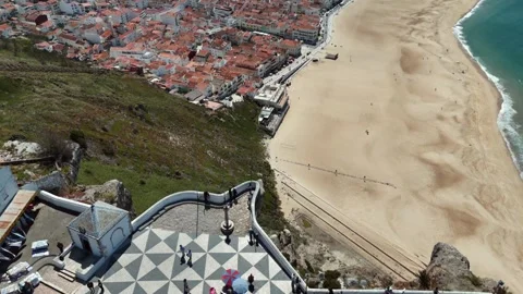 Aerial View of the Iconic Sitio Viewpoint Overlooking Nazare Beach Stock-Footage 345841834