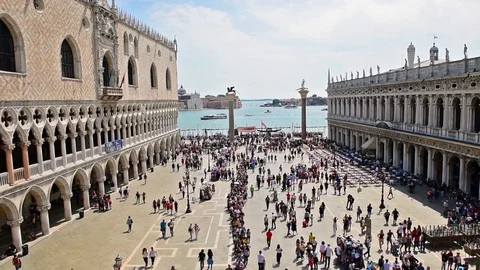 Aerial view of the iconic St. Mark's Square, Venice, Italy Stock Footage 91235468