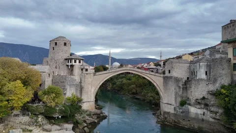Aerial View of the Iconic Stari Most Bridge in Mostar Stock Footage 331883339