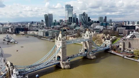 Aerial view of the iconic Tower Bridge in London Stock Footage 155969327