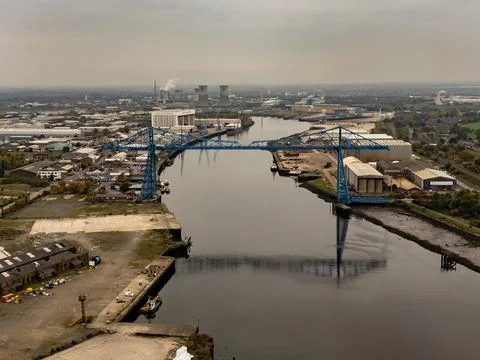 An aerial view of the iconic Transporter Bridge in Middlesbrough, UK Foto stock