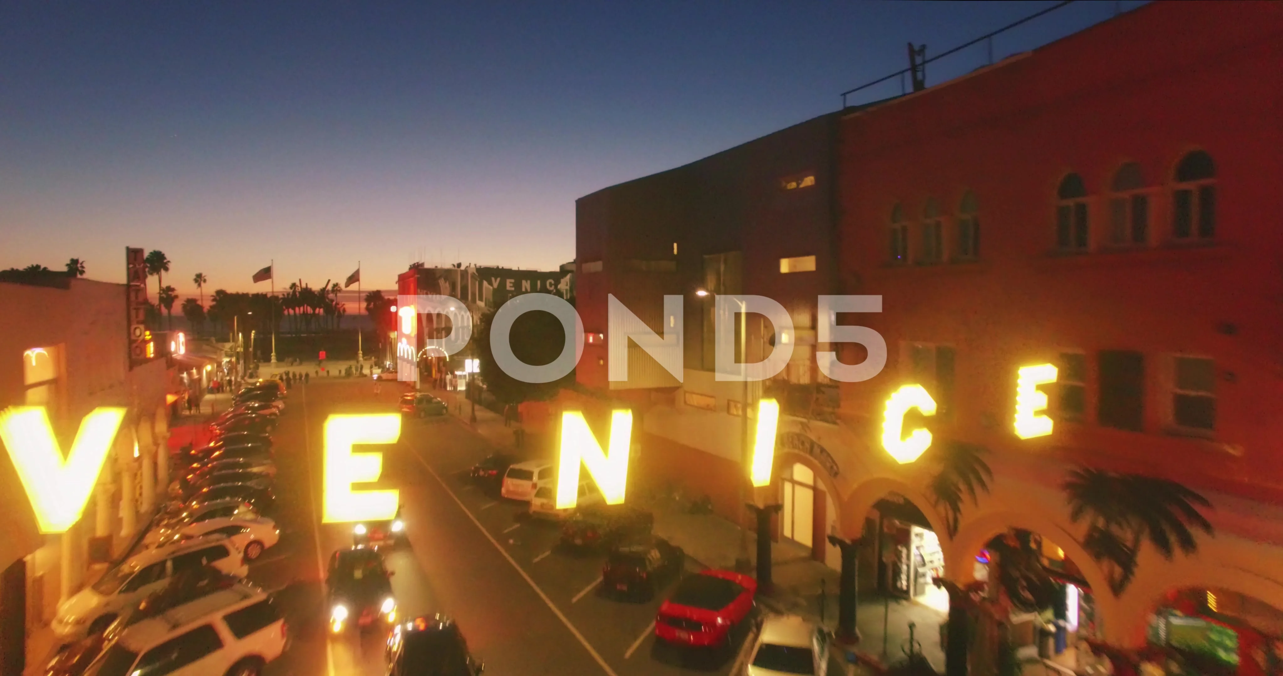 Aerial View Iconic Venice Sign Revealing Beach Sunset Dusk Aerial View Iconic Venice Sign Revealing Beach Sunset Dusk Night 4k Uhd Video 62795830