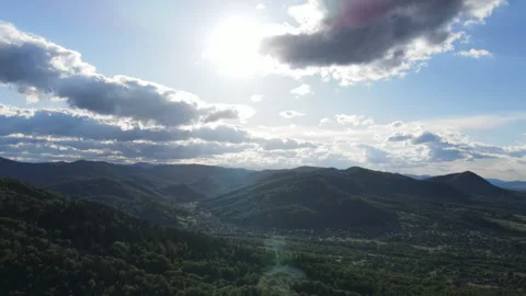 Aerial view of idyllic rolling hills landscape in Carpathians with houses Stock Footage 279634453