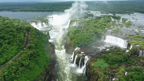 Aerial view of Iguazu Falls, monumental waterfalls on Brazil/Argentina border Stock Footage