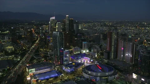 Aerial view illuminated lights LA Live entertainment complex Stock Footage 95996091
