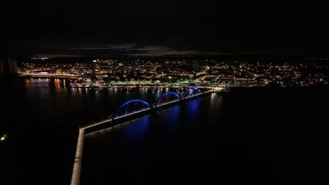 Aerial View of the Illuminated Sölvesborg Bridge at Night. Stock Photos