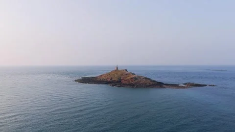 Aerial view of Ilot Saint Michel, a small rocky island off the coast of Erquy in Stock Footage 346678429