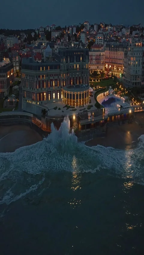 Aerial view incredibly beautiful view of the city of Biarritz at night. Ocean Stock Footage 277688575