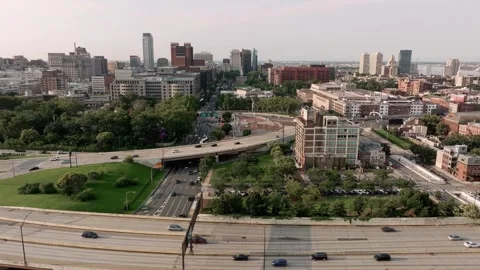 Aerial View of Independence Mall, Interstate 95 Ramp and Old City Philadelph Stock-Footage 346908378
