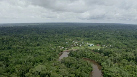 Aerial view of an indigenous community in the Amazon rainforest of Ecuador Stock Footage 169937699