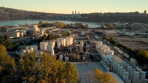 An aerial view of a industrial chemical plant facility in North Vancouver with Stock Footage