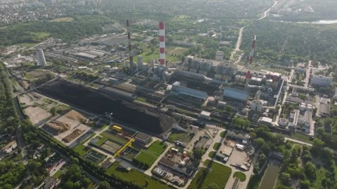 Aerial view of industrial coal fired power plant complex Vídeo Stock 344879608