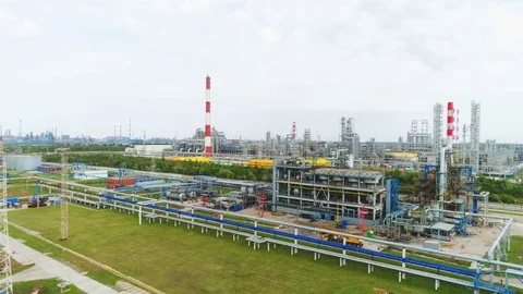 Aerial View Industrial Complex with Refinery Constructions Stock Footage 81801529