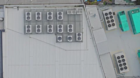 Aerial View of Industrial Data Center Rooftop with HVAC and Cooling Systems Stock Footage 341501931