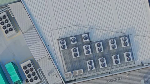 Aerial View of Industrial Data Center Rooftop With HVAC Units and Cooling Stock Footage 341502087
