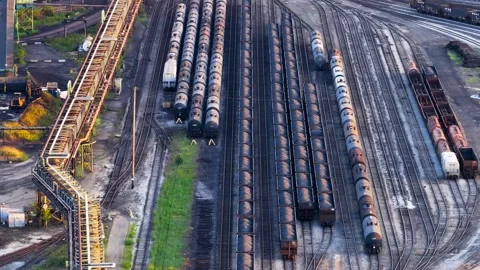 Aerial view of an industrial freight train yard Stock Footage 340486305