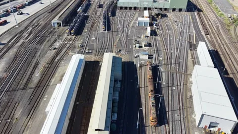 Aerial view of industrial freight train depot Stock Footage 340513509