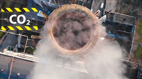 Aerial view of an industrial pipe polluting the air next to living people. 4K. Stock Footage 87550422