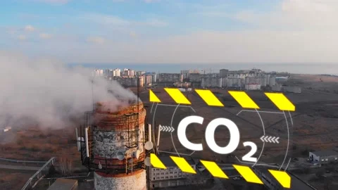 Aerial view of an industrial pipe polluting the air next to living people. 4K. Stock Footage 87562953