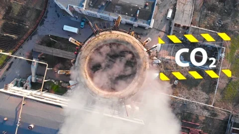 Aerial view of an industrial pipe polluting the air next to living people. 4K. Stock Footage 87565599