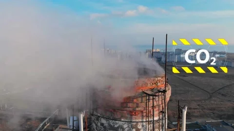 Aerial view of an industrial pipe polluting the air next to living people. 4K. Stock Footage 87568072