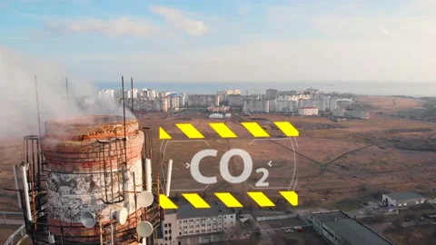 Aerial view of an industrial pipe polluting the air next to living people. 4K. Stock Footage 87569269