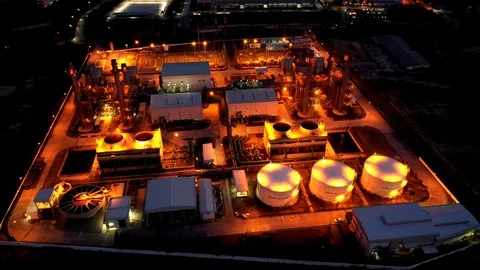Aerial view. Industrial power plant energy at night. 4k resolution	 Stock Footage
