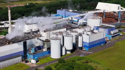 Aerial View of Industrial Processing Facility in Rural Scottish Landscape Stock Footage 339301242