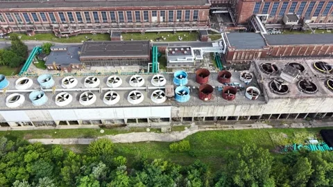 Aerial view of industrial ventilation system with multiple large fans and ducts Stock Footage 339582701