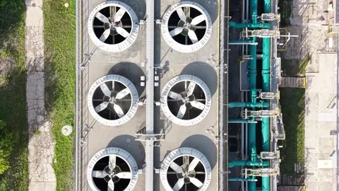 Aerial view of industrial ventilation system with large fans and pipes Stock Footage 339583237