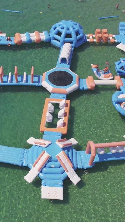 Aerial View Inflatable Water Park People Enjoying Summer Fun Stock Footage 340549860