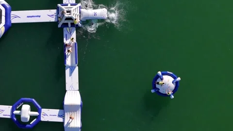 Aerial view of inflatable water park in Cascais, Portugal. Stock Footage 340867289