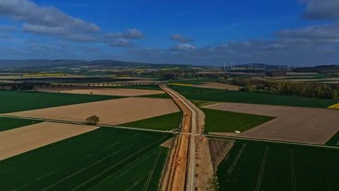 Aerial View of Infrastructure Construction Through Rural Agricultural Landscap Stock-Fotos