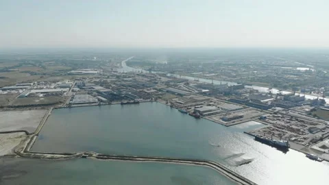 Aerial view of a infrastructure of a seaport, with various industries. Stock Footage 137223866
