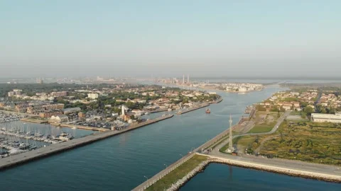 Aerial view of a infrastructure of a seaport, with various industries. Stock Footage 137224517