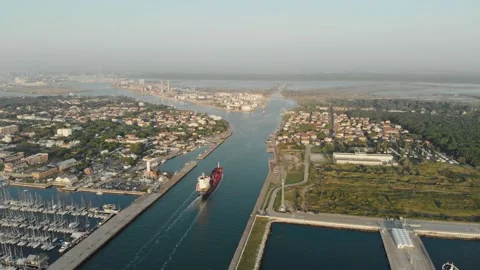 Aerial view of a infrastructure of a seaport, with various industries. Stock Footage 137225347