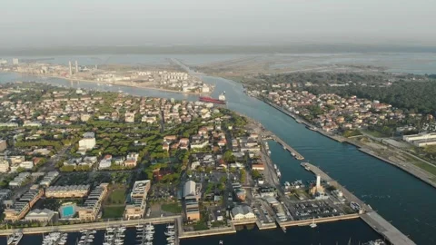 Aerial view of a infrastructure of a seaport, with various industries. Stock Footage 137225566