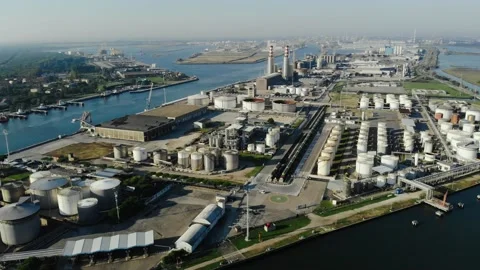 Aerial view of a infrastructure of a seaport, with various industries. Stock Footage 137225979