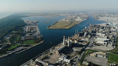 Aerial view of a infrastructure of a seaport, with various industries. Stock Footage 137226145