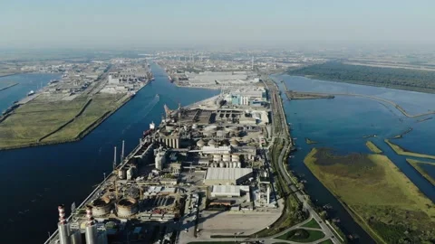 Aerial view of a infrastructure of a seaport, with various industries. Stock Footage 137226252