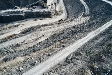 Aerial view of the inside of a deep stone quarry in Germany, Steinbruch Stock Photos