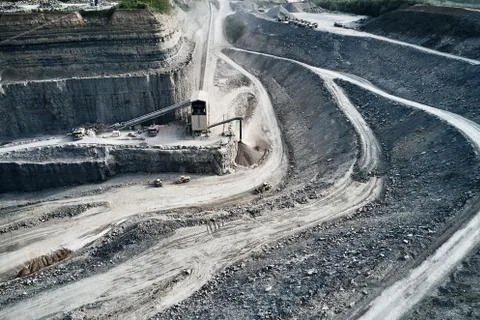 Aerial view of the inside of a deep stone quarry in Germany, Steinbruch Stock Photos