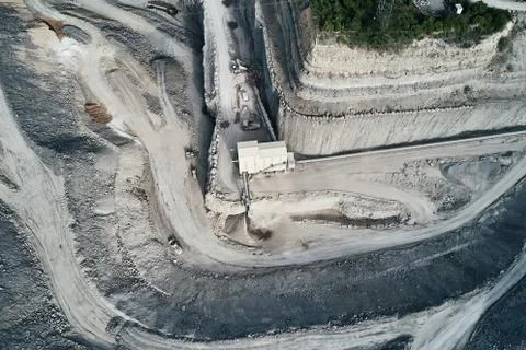 Aerial view of the inside of a deep stone quarry in Germany, Steinbruch Stock Photos