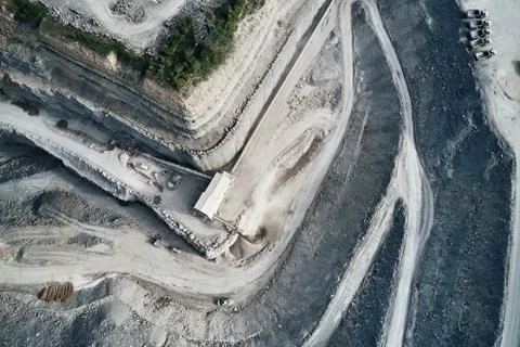 Aerial view of the inside of a deep stone quarry in Germany, Steinbruch Stock Photos