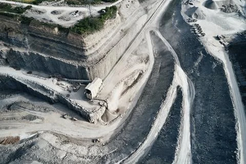 Aerial view of the inside of a deep stone quarry in Germany, Steinbruch Stock Photos