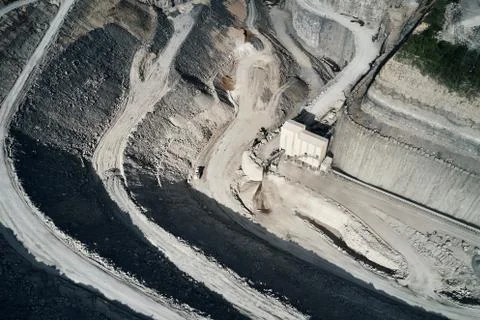Aerial view of the inside of a deep stone quarry in Germany, Steinbruch Stock Photos