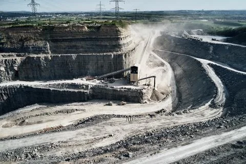 Aerial view of the inside of a deep stone quarry in Germany, Steinbruch Stock Photos