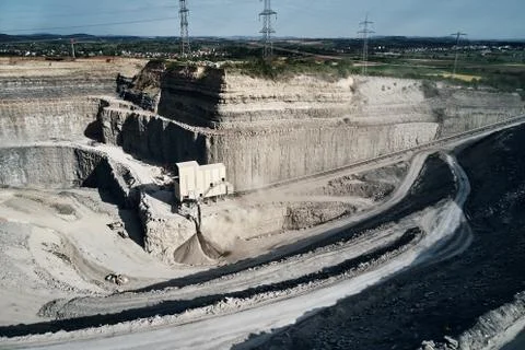 Aerial view of the inside of a deep stone quarry in Germany, Steinbruch Stock Photos