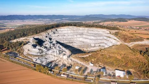 Aerial view of the inside of a deep stone quarry in Poland Stock-Fotos